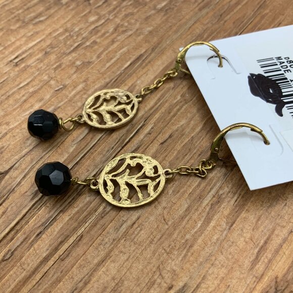 Ann Taylor Loft Gold Tone Filigree Dangling Black Bead Earrings - Picture 2 of 4
